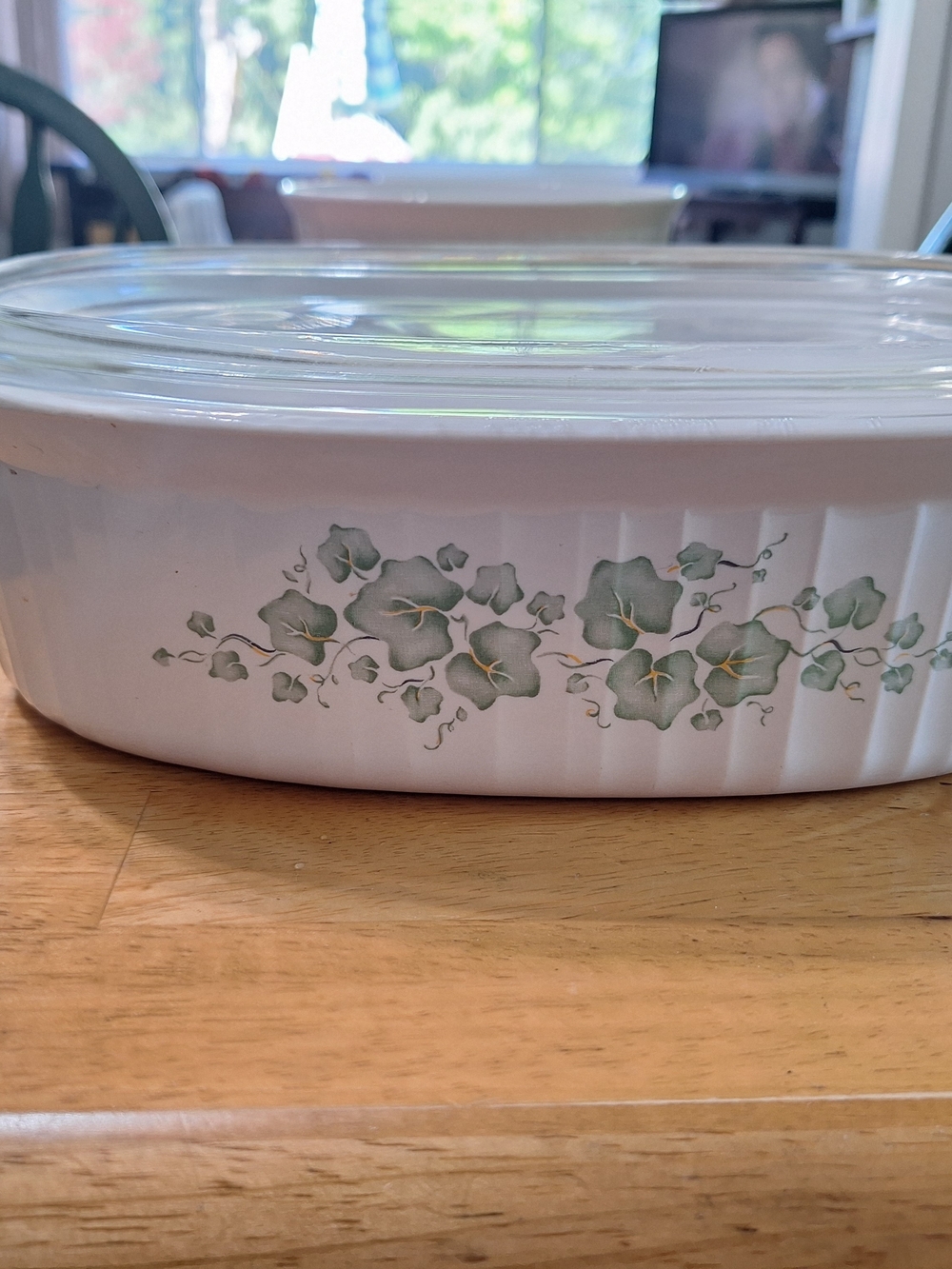 Corningware White Casserole Dish with Green Floral Pattern